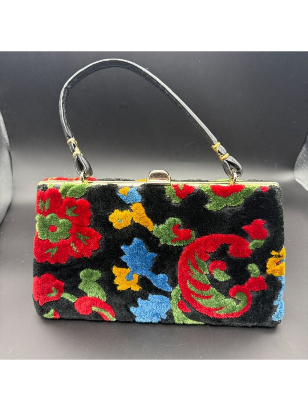 Vtg Chenille Floral Handbag Black Multicolored Top Handle Boho Retro Eclectic